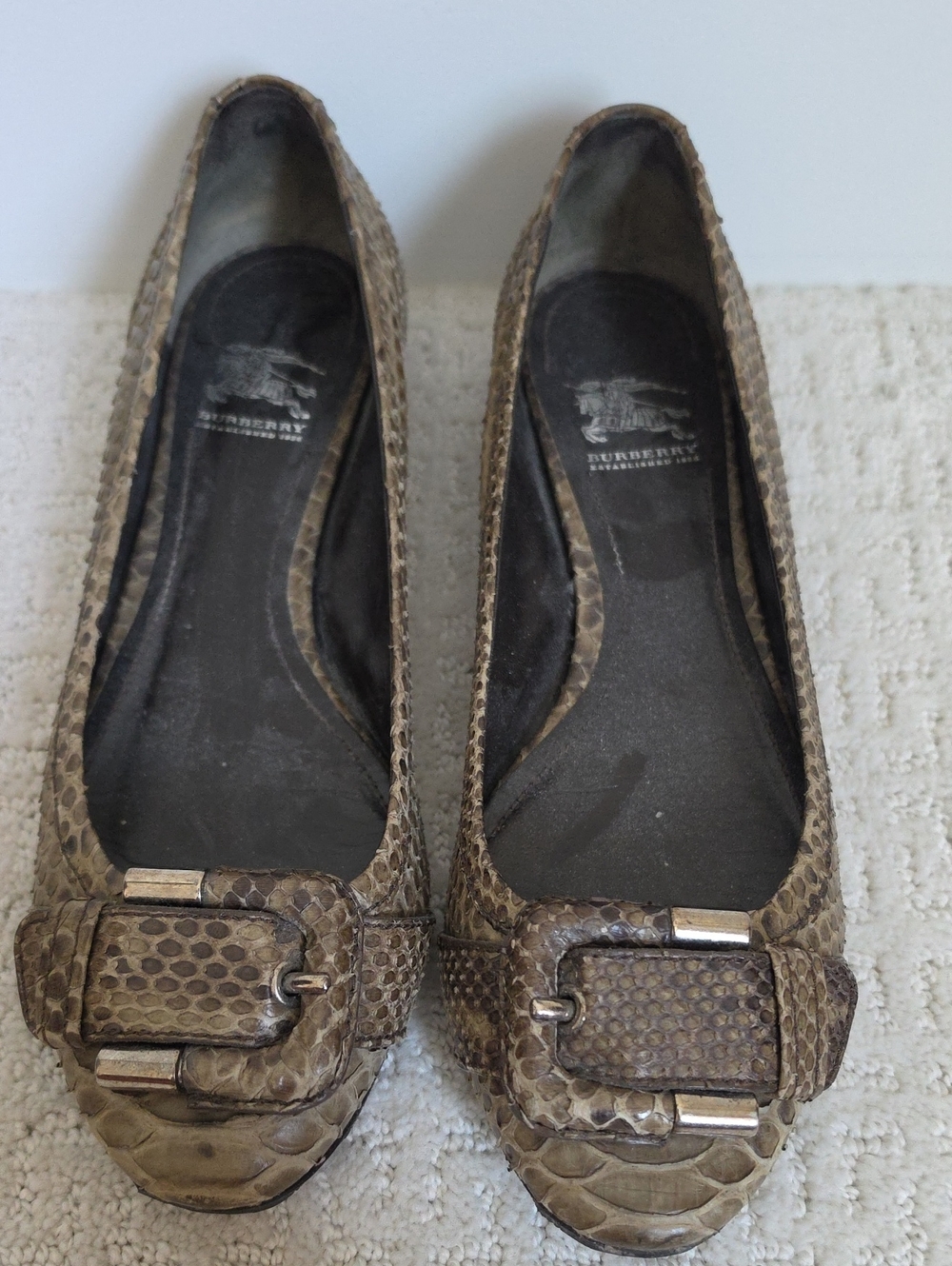 Burberry Taupe Snakeskin-Effect Buckle Ballet Flats